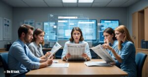 Editors holding newspapers that fade into a glowing Google AI interface (Antitrust Complaint Over AI Overviews) Credit - Reve, The AI Track